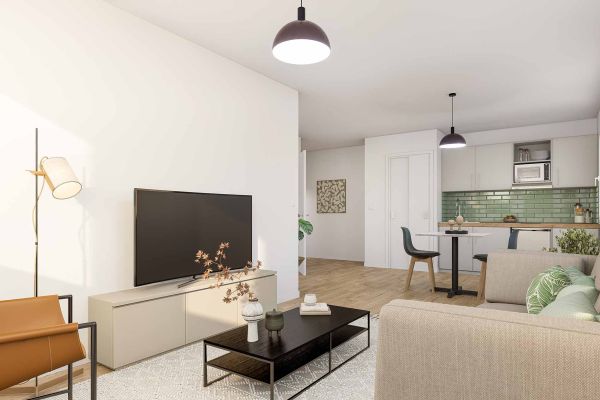 Vue sur le salon et la cuisine, T2 résidence Marianne à Saint-Flour