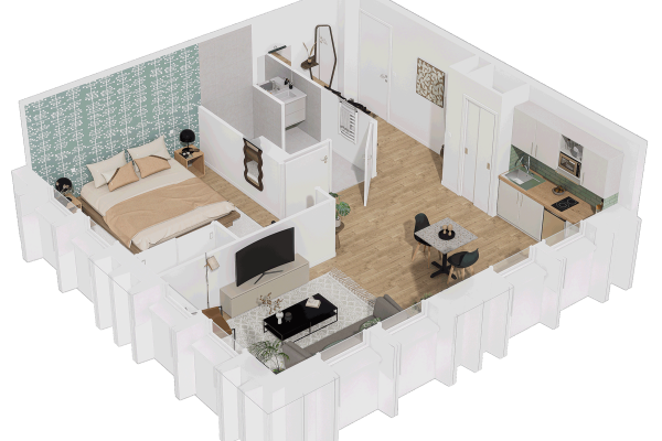 Plan du Studio de la résidence Marianne créé à Saint-Flour (Cantal) pour les jeunes actifs par la SA Polygone